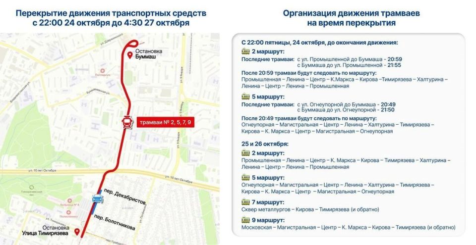 В Ижевске с вечера 24 октября до утра 27 октября ограничат движение трамваев и автотранспорта по улице Серова