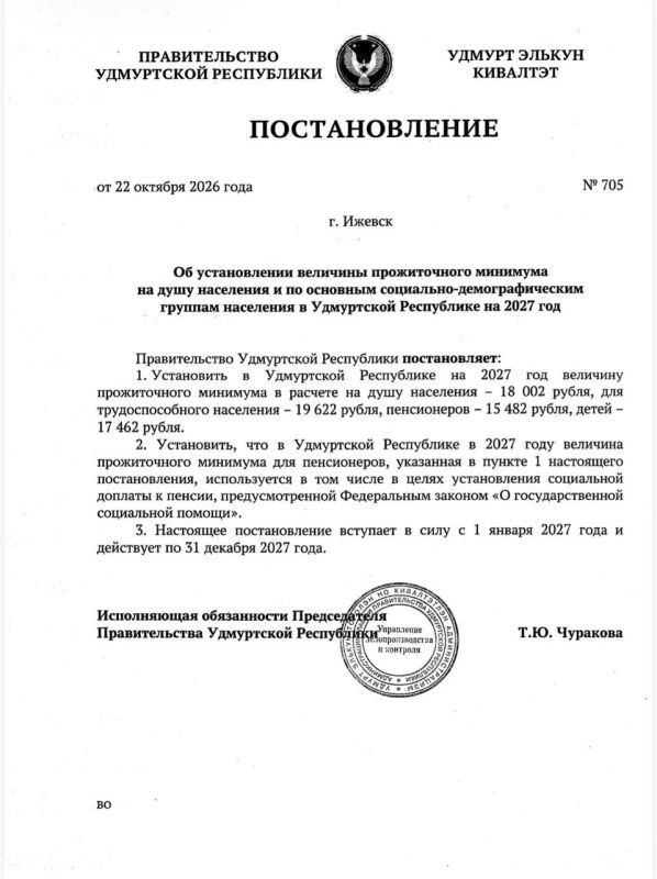 С 1 января 2027 года прожиточный минимум в Удмуртии на душу населения составит 18 002 руб